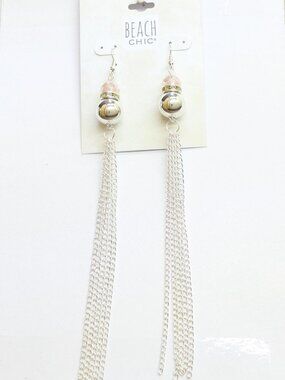 NWT Beach Chic Beaded Long Chain Drop Earrings Silver Gray / Multi 6.5"